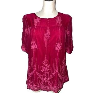 Sundance Women’s Embroidered Blouse Top size S Cupro Short Sleeve Fuchsia Boho